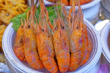 Cooked prawns on sale at the fish market