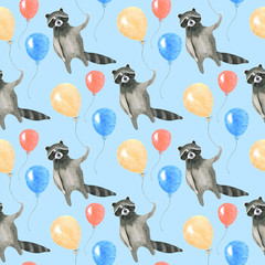Seamless pattern in pastel colors. Raccoon and balloons. Watercolor technique, freehand drawing.
