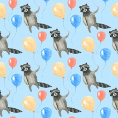 No drill roller blinds Animals with balloon Seamless pattern in pastel colors. Raccoon and balloons. Watercolor technique, freehand drawing.