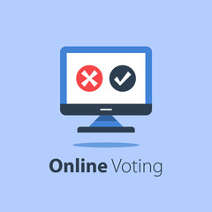 Internet voting, submit online, government services, computer monitor with check mark and cross