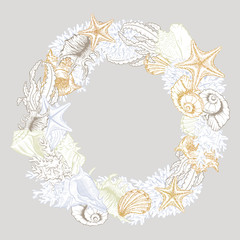Seashells isolated raster round wreath. Marine algae and corals golden art line design for cosmetics package, wedding cards. Ocean sea shell, minerals label template. Gold foil circle wreath