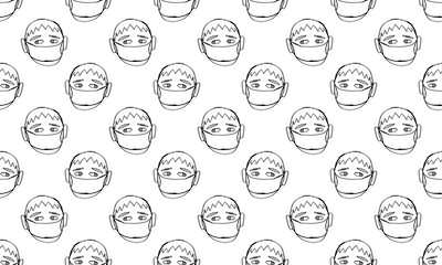 Vector line image of people wearing medical masks protecting themselves from the virus. Coronavirus covid-19 epidemic seamless pattern. Flash of influenza. Crowd of people.