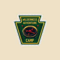 Vintage camp patch logo, mountain wildlife badge with compass and matches. Outdoor adventure typography emblem. Stock vector.
