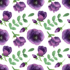Seamless pattern with chic purple flowers. Delicate, watercolor freehand drawing. Leaves and anemones.
