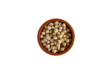 Chickpeas  in a ceramic cup. A complete source of vegetable protein in vegetarianism. Concept- healthy eating. Isolated on white.