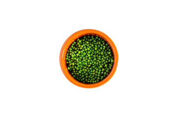 Mung beans in a ceramic cup. A complete source of vegetable protein in vegetarianism. Concept- healthy eating. Isolated on white.