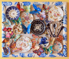 Fototapeta na wymiar Handmade colorful decorative panel using kitchen utensils