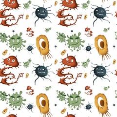 seamlee pattern  of different cartoon microbes and viruses for medicine 