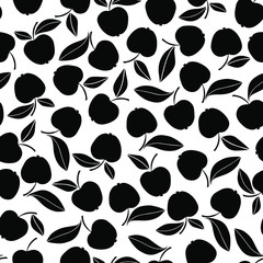 Fototapeta premium Seamless pattern: apples with leaves, black and white. Vector image