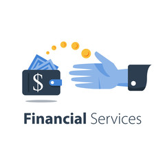 Cash back, wallet with dollar sign and flipping coin, transfer money