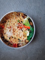 Asian noodles with stir fry vegetables, Asian cuisine, Cafe table for lunch, Top view