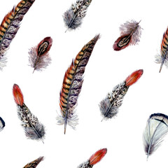 Watercolor Seamless Boho Pattern with Feathers
