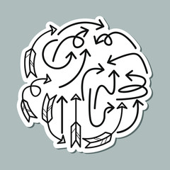 Vector set of doodle arrows isolated on the white background. Hand drawn sticker arrows. Cute and fun, for web, covers, banners.