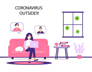 Communication through social networks without leaving your home during an outbreak of the COVID-19 virus. The girl communicates with relatives via the Internet. Prevention of the spread of the virus.