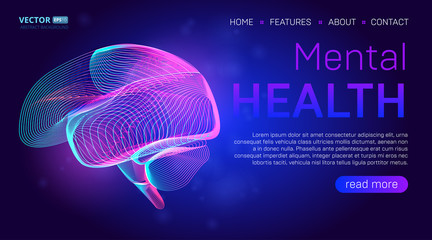 Mental health landing page background concept or hero banner design with human brain outline vector illustration. Medical healthcare website template for neurology learning or cancer illness therapy - obrazy, fototapety, plakaty