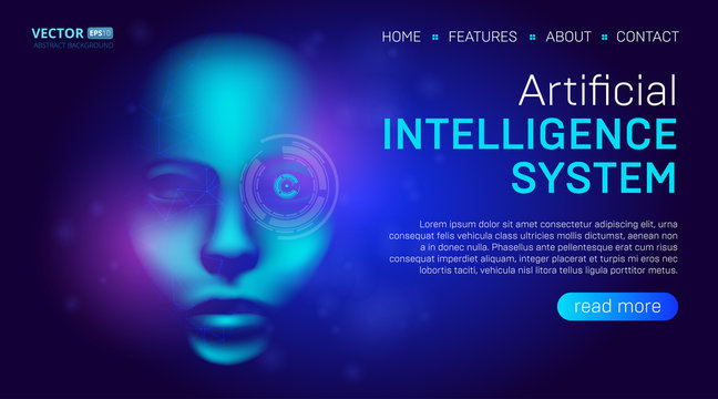 Artificial intelligence landing page background concept or hero banner design with digital humanoid face or cyber head vector illustration. Website template for sci-fi machine deep learning technology