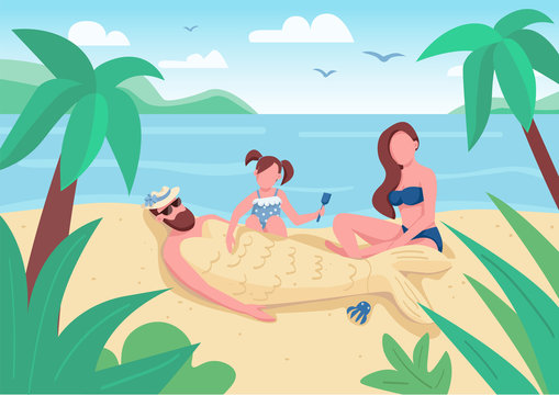 Daughter burying dad in sand flat color vector illustration. Mother, father and child entertainment on beach. Summer fun activity. 2D cartoon characters with seascape on background