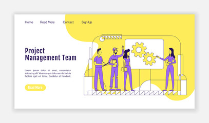 Obraz na płótnie Canvas Project management team landing page flat silhouette vector template. Professional teamwork homepage layout. Coworking one page website interface with cartoon outline character. Web banner, webpage