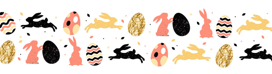 Happy Easter! Decorative long horizontal border with Easter eggs and bunny isolated on white background. Cute vector flat illustration. Trendy design for social media, sale, advertisement, web