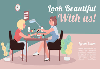 Look beautiful with us banner flat vector template. Brochure, poster concept design with cartoon characters. Woman getting manicure. Gel nail polish horizontal flyer, leaflet with place for text
