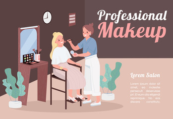 Professional makeup banner flat vector template. Brochure, poster concept design with cartoon characters. Beautician cosmetic service. Skincare treatment horizontal flyer, leaflet with place for text