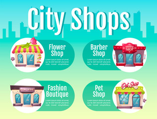 City shop flat color vector informational infographic template. Barber salon. Poster, booklet, PPT page concept design with cartoon characters. Advertising flyer, leaflet, info banner idea