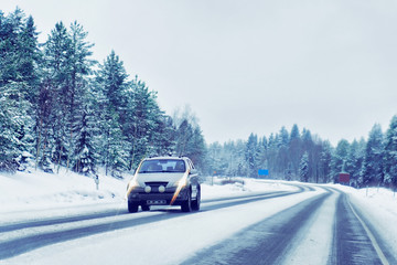 Car in road in winter Rovaniemi Finland