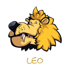Leo zodiac sign flat cartoon vector illustration. Celestial lion head object. Astrological horoscope fire symbol characteristics, jungle wild animal element. Isolated hand drawn item