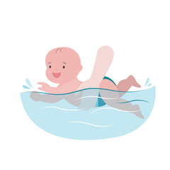 Cartoon infant swimming on a white background. Hand holding little child swimmer in the swimming pool,