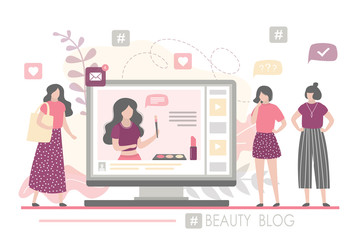 Fashion women watching beauty blog. The female blogger talks about the latest cosmetics.