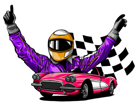 A vector illustration of a race car driver in front of his car