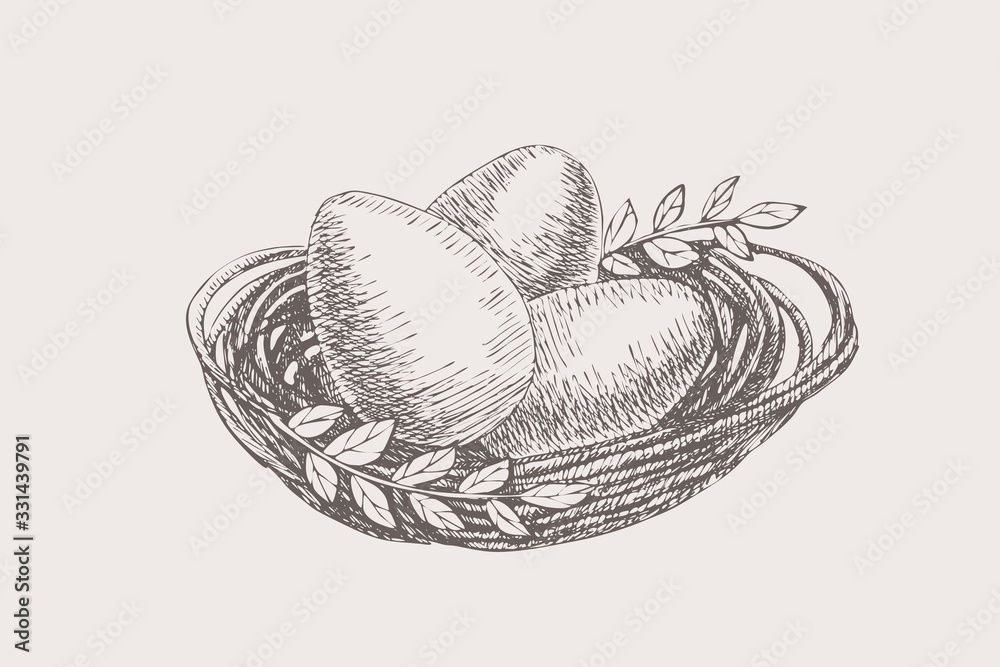 Poster hand drawn eggs lie in a nest of twigs on a light background. happy easter. retro seasonal vector il