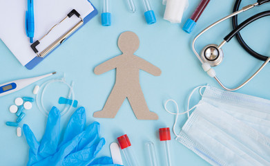Treatment of a person from the virus and flu. Test tube for taking a blood sample.  Medications to...