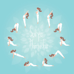 Sun salutation. Surya namaskar. Complex asanas,fitness training.Yoga sequence.