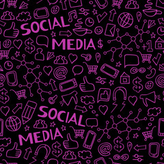 Seamless pattern with social media doodles. Internet technology background. Vector illustration.