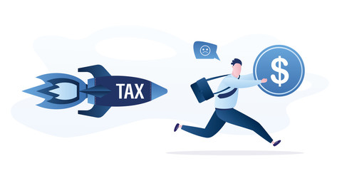 Businessman holds a coin and runs away from taxes. Tax avoidance. Rocket chases unhappy male character