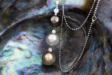 Pendant With Tahitian Black, Tahitian White And Gold South Sea Pearl On Mother of Pearl Shell...