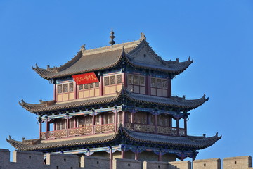 Naklejka premium Three-story tower over Guanghua Lou-Enlightenment Gate-eastern gate Jiayuguan fortress-Jiayuguan city-Gansu-China-0728