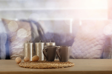 Table background of free space and Easter time in home. 