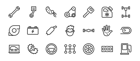 A simple set of car services related vector line icons. Contains icons such as oil, diagnostics, turbine, steering wheel, chassis, gearbox and much more. Editable move. 480x480 On a white background