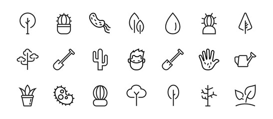   A set of Rosteniya Icons, and garden care, Vector illustration, Contains Icons such as tree, cactus, watering can, spade, flower and much more. on a white background, editable bar 480x480