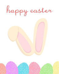 happy easter greeting card with cute cartoon bunny ears and colored eggs on white background with handwritten sign, editable vector illustration for holiday decoration, print, poster, banner