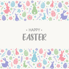 Concept of Easter greeting card with colourful bunnies, eggs and flowers. Vector