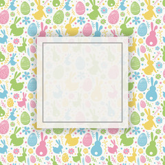 Easter background with colourful eggs, bunnies and flowers. Layout of postcard with empty frame. Vector