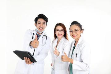 ung asian chinese malay male female doctor on white background holding pad tab disuses think talk share