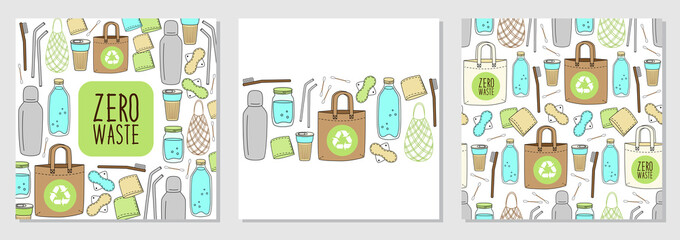 Cute set of backgrounds with hand drawn elements of no plastic, zero waste concept, eco lifestyle, go green theme