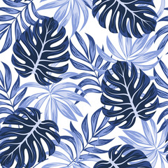 Abstract seamless tropical pattern with bright plants and leaves on a white background. Summer colorful hawaiian seamless pattern with tropical plants. Trendy summer Hawaii print. - obrazy, fototapety, plakaty