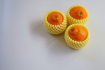 三つ並んだ黄色いネットに包まれたデコポン