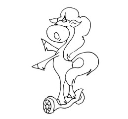 Coloring book for kids - unicorn smiling and riding a gyroboard. Black and white cute cartoon unicorns. Vector illustration.	