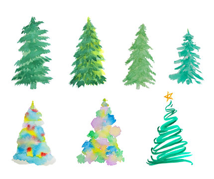 Water color hand painting illustration of Christmas tree on white background with clipping path, set and collections of green and colorful abstract pine trees drawing isolated